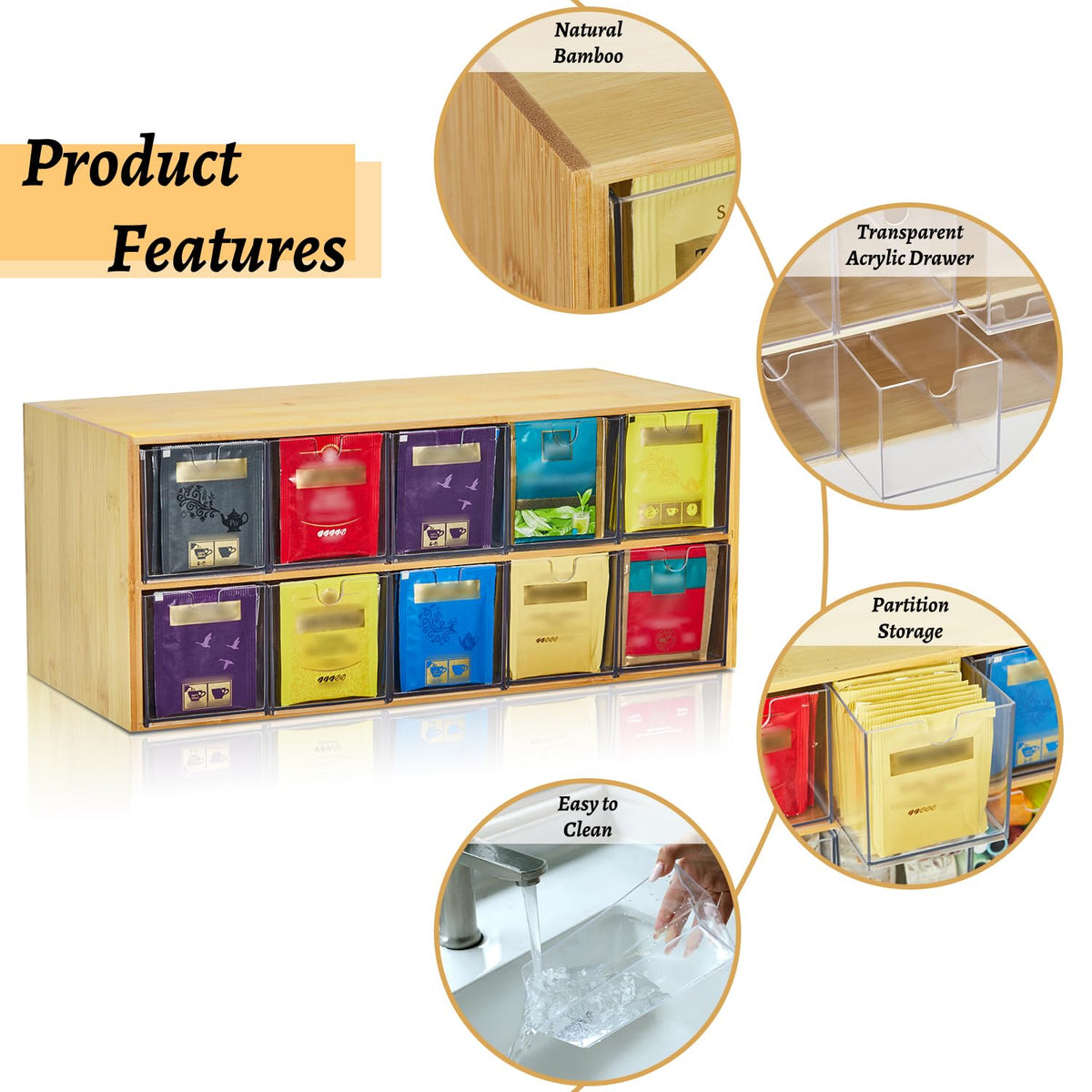 TIMIEEYA Tea Bag Organizer - Bamboo Tea Storage Organizer With Drawer 2 Layer, Tea Organizer for Tea Bags Natural Wood &