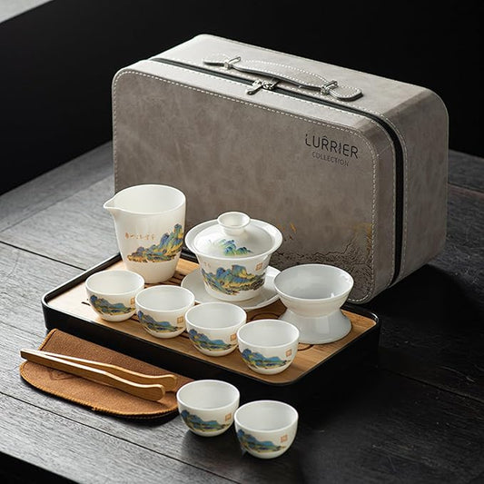 LURRIER Gongfu tea sets, Portable Ceramic TeaSet, Asian Tea sets for adult, Tea Gift sets, Grey leather case, Portable Travel Bag,Home,Gifting,Outdoor and Office(White Jade Thouand Mile and Mountain)
