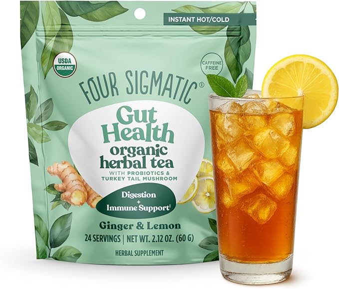 Four Sigmatic Gut Health Organic Herbal Tea | Organic Lemon Ginger Tea with Probiotics & Turkey Tail Mushroom | Instant Digestive Tea | Vegan, Gluten-Free | Lemon Ginger, 24 Servings