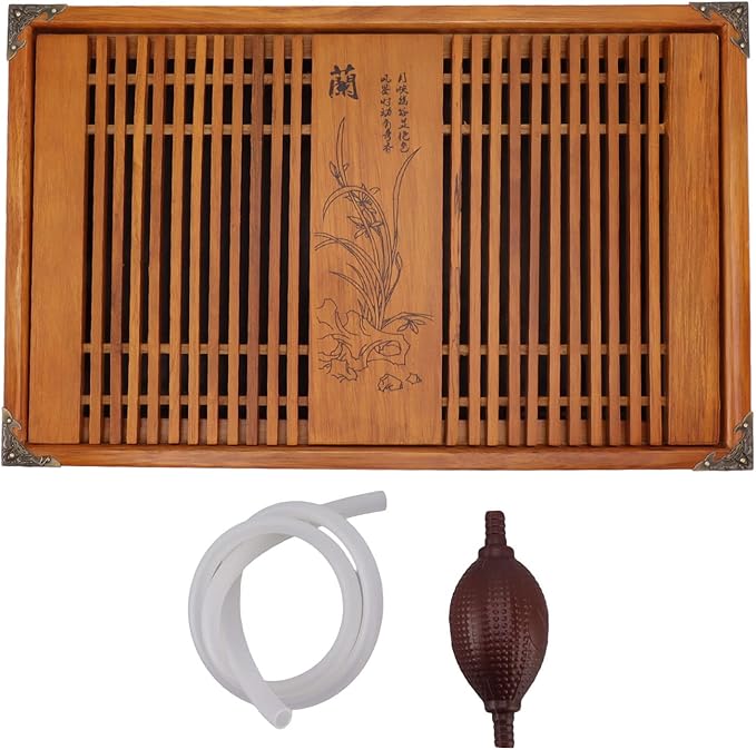 Kungfu Tea Tray Chinese Gongfu Tea Tray Drainage Water Storage Wood Tea Table with Drain Pipe (Yellow Orchid)