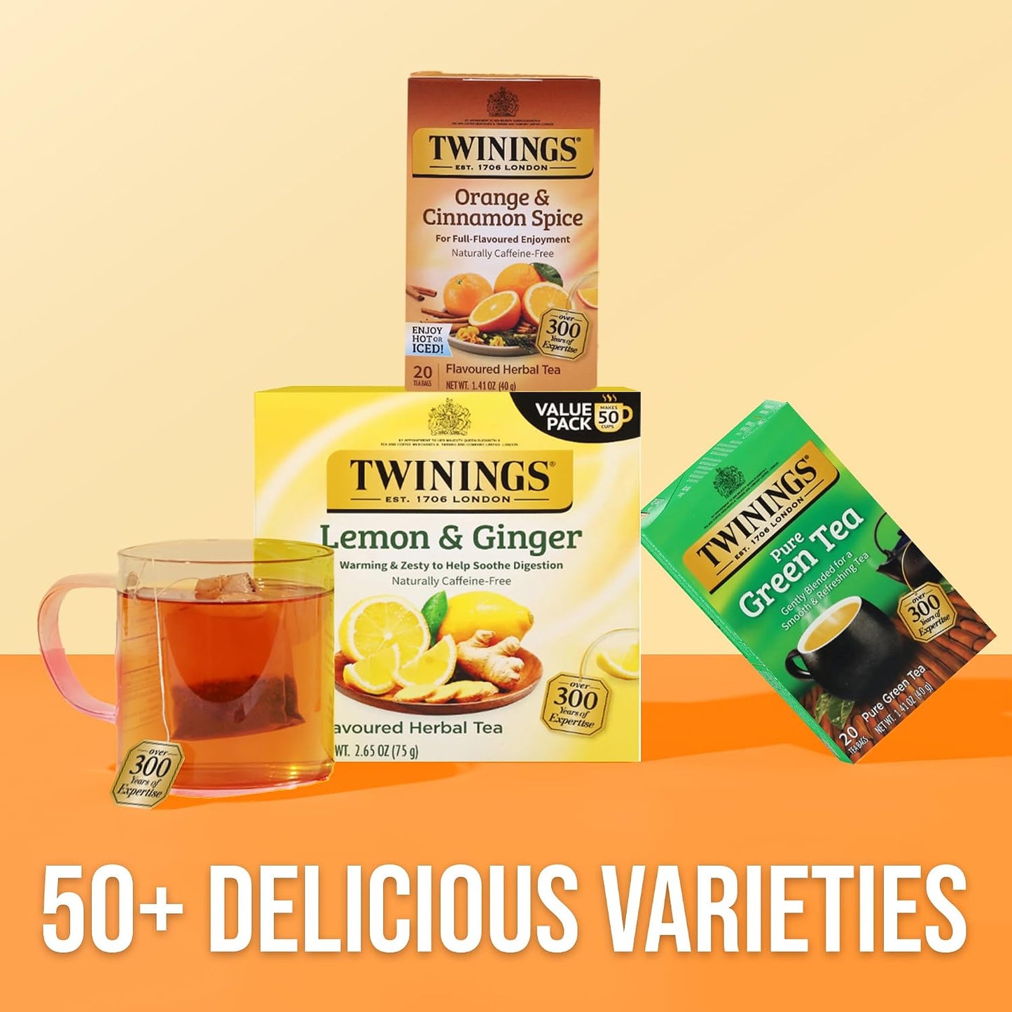 Twinings Orange &amp; Cinnamon Spice Herbal Tea Bags, 20 CT Box (6 Pack) | Rooibos with Citrusy, Soothing Spices, Naturally Caffeine-Free, 120 Foil Lined Individually Wrapped Bags, Enjoy Hot or Iced