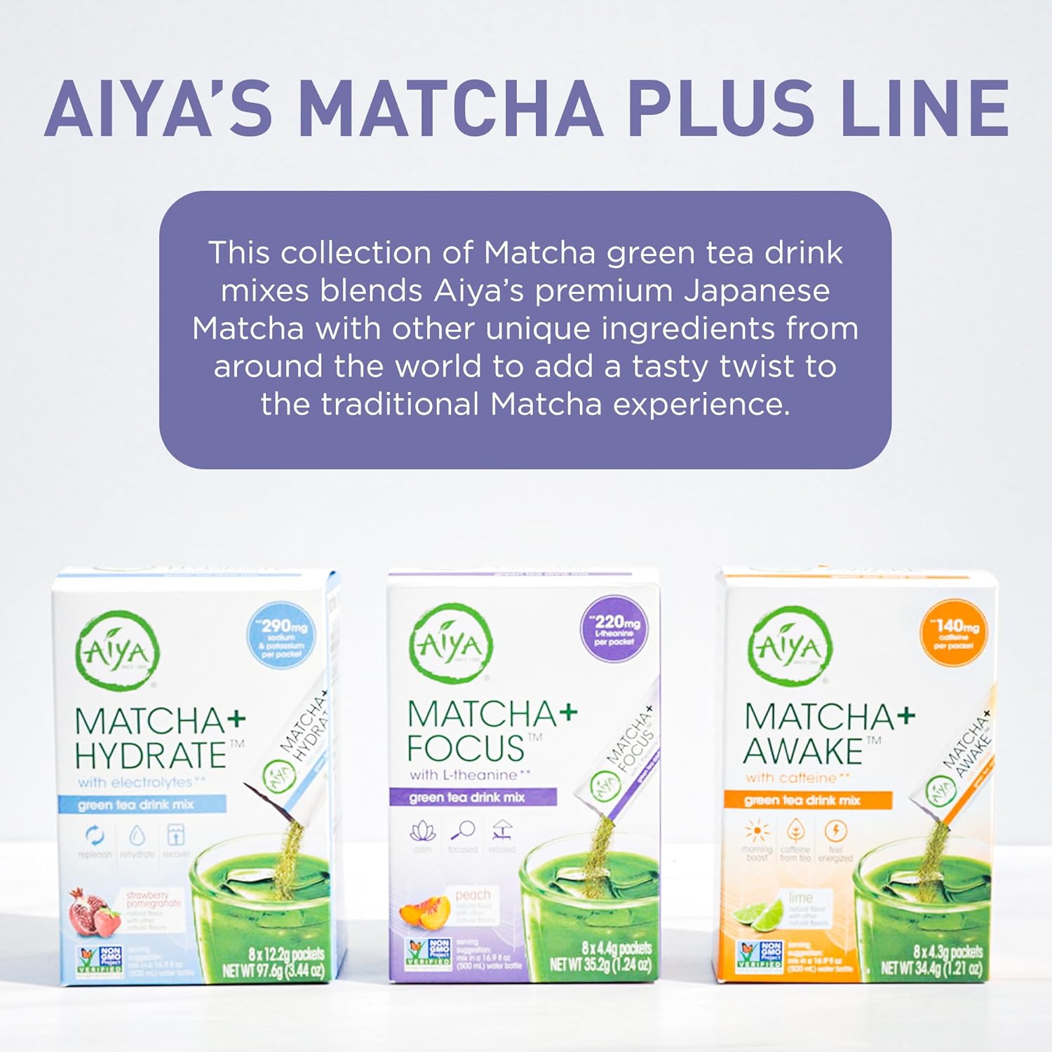Aiya Matcha+ Focus™ - Peach Flavored Matcha Drink Mix with L-Theanine - 220mg L-Theanine - Natural Focus Booster - Premium Japanese Matcha Green Tea Powder - 8 Sticks