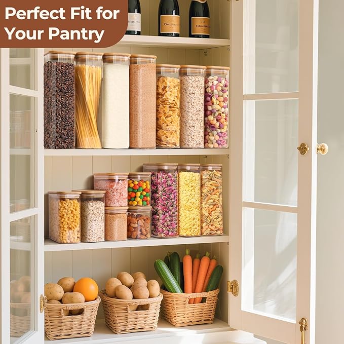 ComSaf 2 Qt Rectangle Glass Storage Containers with Lids, Glass Jars with Bamboo Lids, Clear Food Jar, Square Canister Set of 3