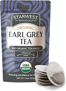 Starwest Botanicals Organic Earl Grey Tea - Caffeinated Herbal Blend with Black Tea & Bergamot, Enjoy Hot or Cold, String Free Sachets, USDA Organic, Non GMO - Bulk Pack, 100 Bags