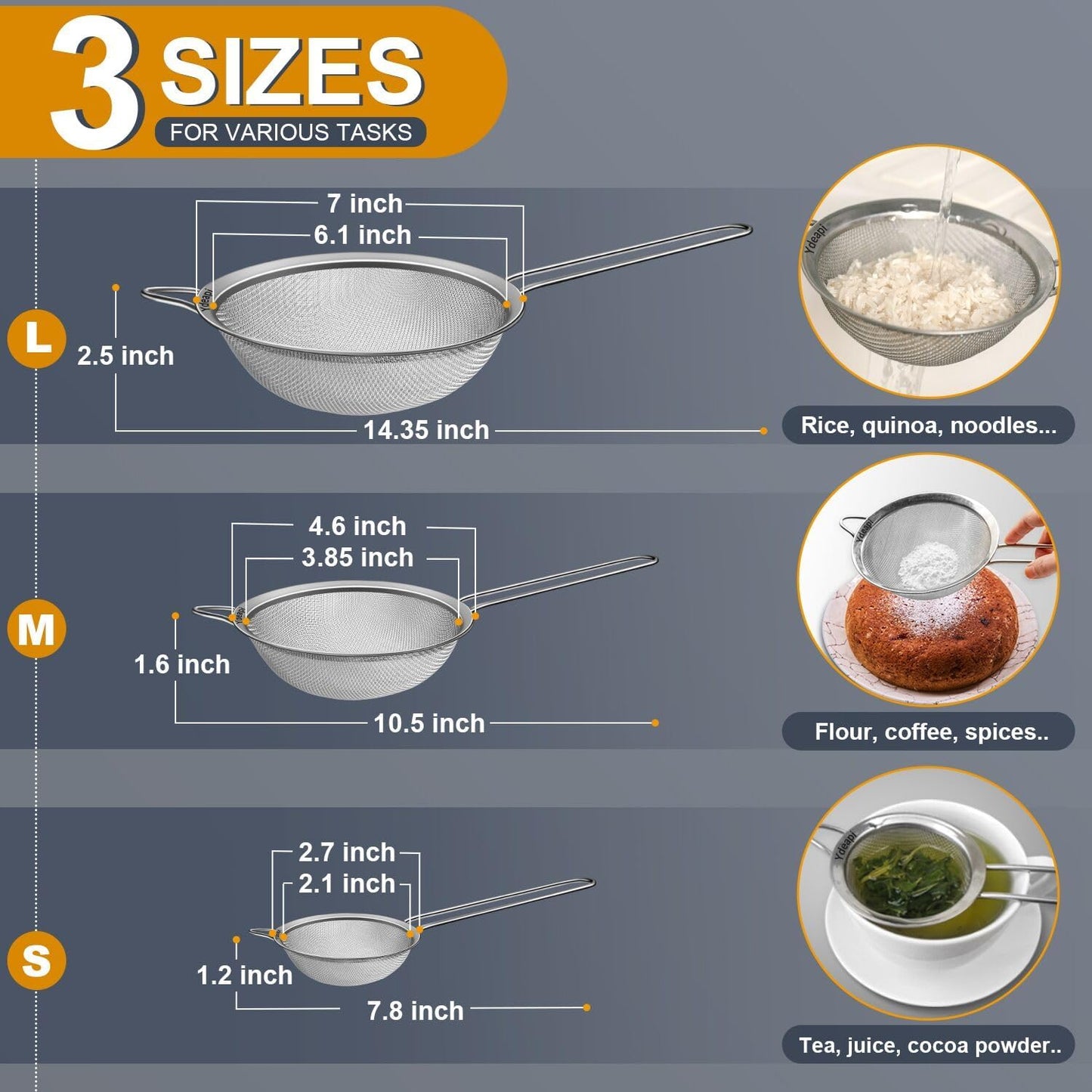 Ydeapi Fine Mesh Strainer, Stainless Steel Strainers with Sturdy Handle, Set of 3 Metal Sieve for Kitchen Food, Rice, Quinoa, Tea - 7", 4.6", 2.7"