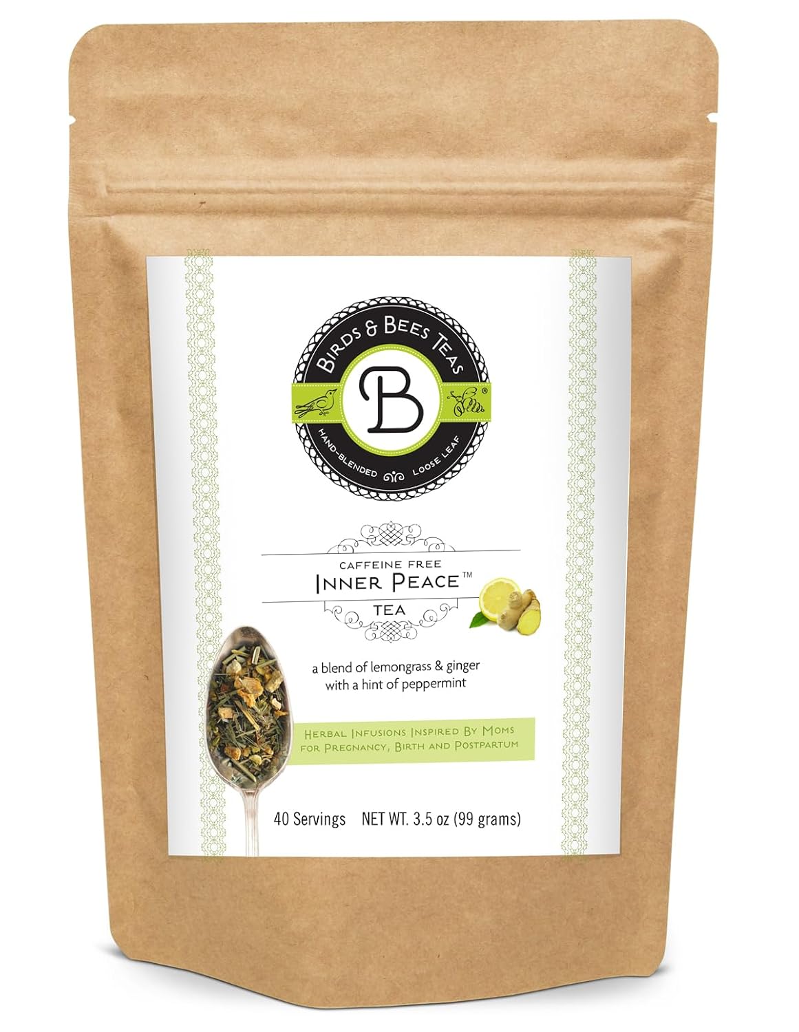 Birds &amp; Bees Teas - Inner Peace Tea is a pregnancy nausea tea - Loose Leaf Blend with Lemongrass, Skullcap, Ginger, Spearmint, Orange Peel, and Peppermint, 40 Servings, 3.2 oz