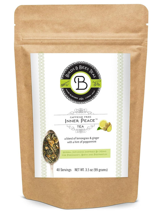 Birds &amp; Bees Teas - Inner Peace Tea is a pregnancy nausea tea - Loose Leaf Blend with Lemongrass, Skullcap, Ginger, Spearmint, Orange Peel, and Peppermint, 40 Servings, 3.2 oz