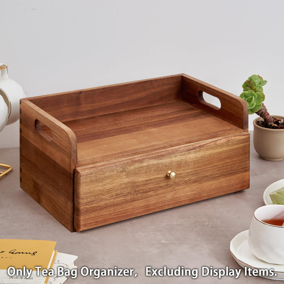 SARUFO Acacia Wood Tea Bag Organizer with Drawer - Tea Station Chest and Storage Box, Coffee and Teabag Holder with 8
