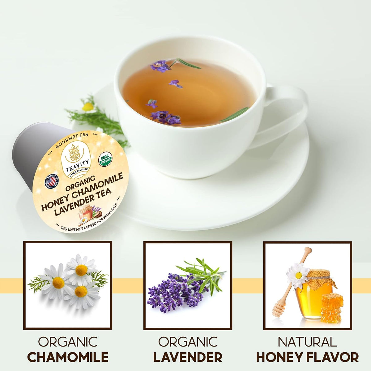 Organic Chamomile and Lavender Tea Pods for Keurig - Decaffeinated Tea for Keurig K Cups - Honey Chamomile Lavender by Teavity (24 Tea Pods)