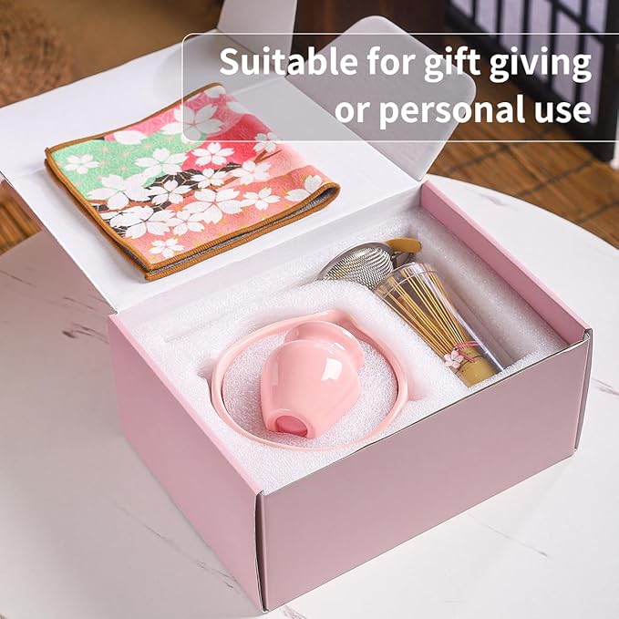Handcrafted Matcha Bowl Set 8pc - Japanese Style Ceramic Chawan Tea Cups with Floral Art & Wavy Rim | Complete Matcha Tea Ceremony Kit in Premium Gift Box (pink)