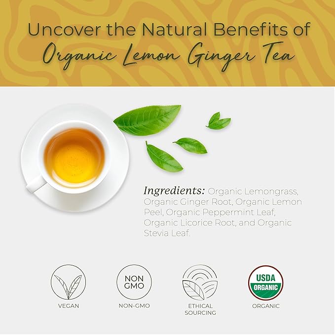 Starwest Botanicals Organic Lemon Ginger Tea - Caffeine Free Herbal Blend for Women & Men, Lemongrass, Ginger Root, & Peppermint Leaf