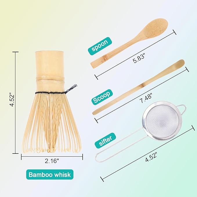 Bamboo Matcha Whisk Set 4pcs, Include Macha Bamboo Whisk (Chasen), Traditional Scoop Chashaku, Tea Spoon, Sifter, Traditional Japanese Tea Tools, Basic Matcha Tea Making Kit for Matcha Lovers