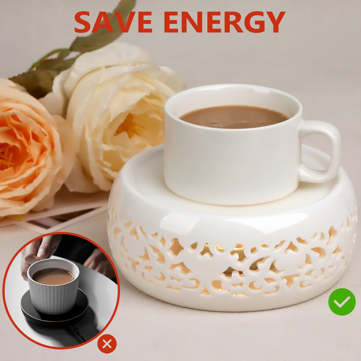 KAYCROWN Teapot Warmer, Ceramic Tea Warmer with Tealight Holder, Teapot Heater for Heating Tea, Coffee, Milk, Tea Light