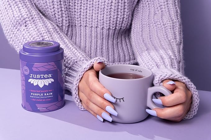 JusTea PURPLE RAIN | Loose Leaf Purple Tea | Tin with Hand Carved Tea Spoon | 40+ Cups (2.8oz) | Very Low Caffeine | Award-Winning | Fair Trade | Non-GMO