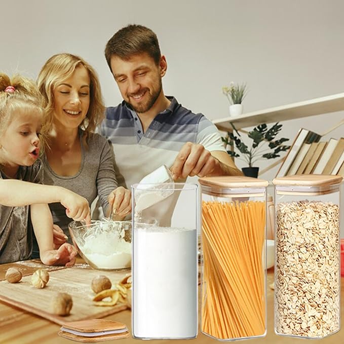 2.2 Qt Square Glass Storage Containers with Lids, Clear Food Storage Container Jar with Sealing Bamboo Lid Storage Containers for Pasta, Oats, Coffee