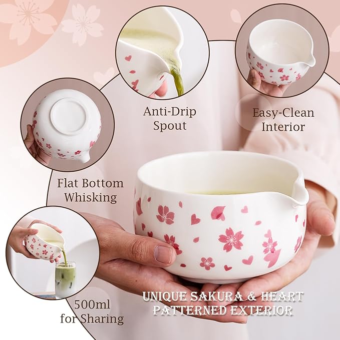 7 Pcs Matcha Kit: Ceramic Matcha Bowl with Spout, Bamboo Whisk And Scoop, Stainless Steel Sifter, Holder, Rest And Tea Towel. Elegant Matcha Whisk Set for Beginners And Gifting