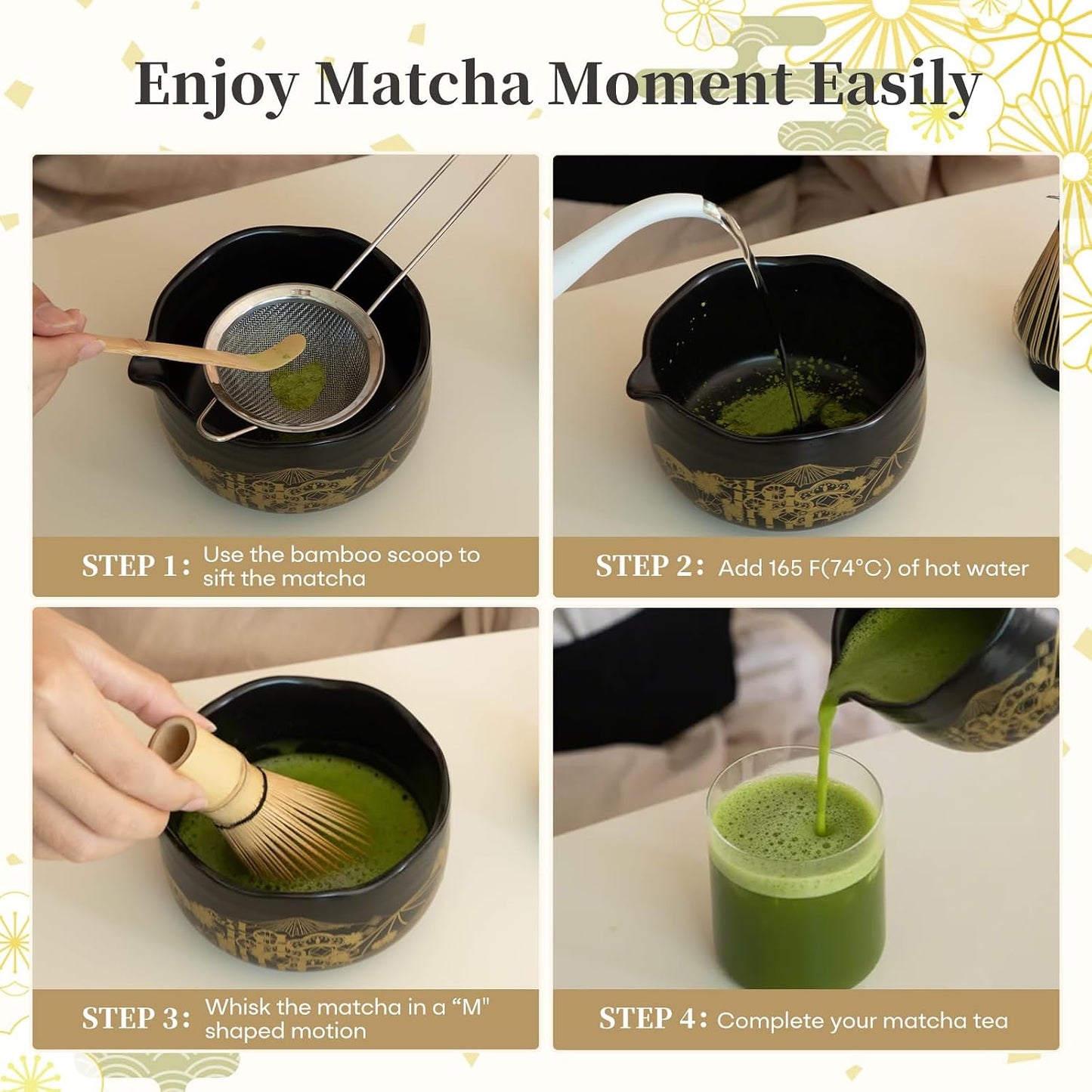 Japanese Matcha Whisk Set, 5-Piece Ceremonial Matcha Kit for Beginner | matcha set whisk and bowl, chasen and chawan, Matcha Tool Accessories Gift Set for Women Friends