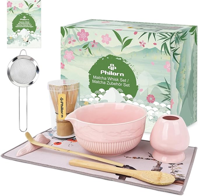 PHILORN Matcha Whisk Set, 9Pcs Ceramic Macha Kit, Matcha Set Whisk and Bowl with Spout, Whisks, Hold