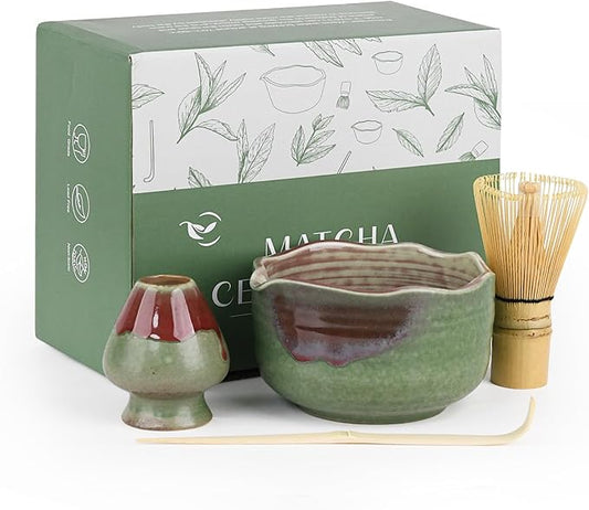 Pottery Matcha Set - Japanese Handcrafted Matcha Tea Bowl Mineral Glaze Bowl with Spout, Bamboo Whisk, Scoop & Chasen Holder