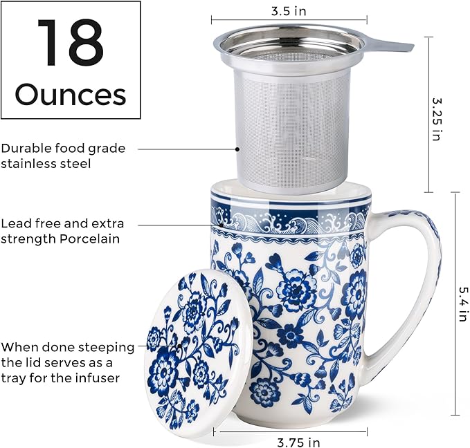 AmorArc Porcelain Tea Mug with Infuser and Lids, 18 Oz Coffee Cup Strainer with Bag Holder for Loose Leaf Tea