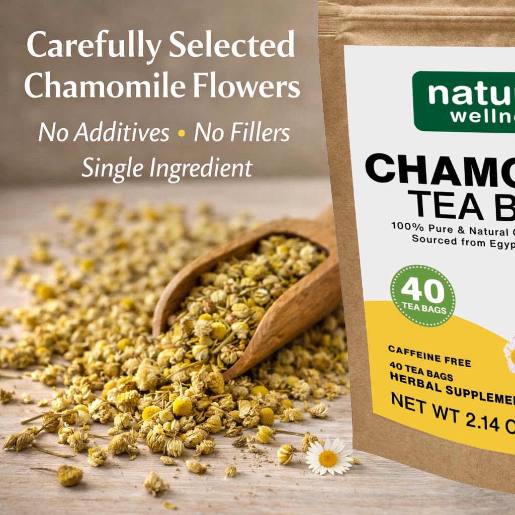 Natured Wellness Chamomile Tea Bags (40 Count), Pure Chamomile Flower Herbal Tea, No Additives or Fillers, Non-GMO, Caffeine-Free, Enjoy Hot or Iced
