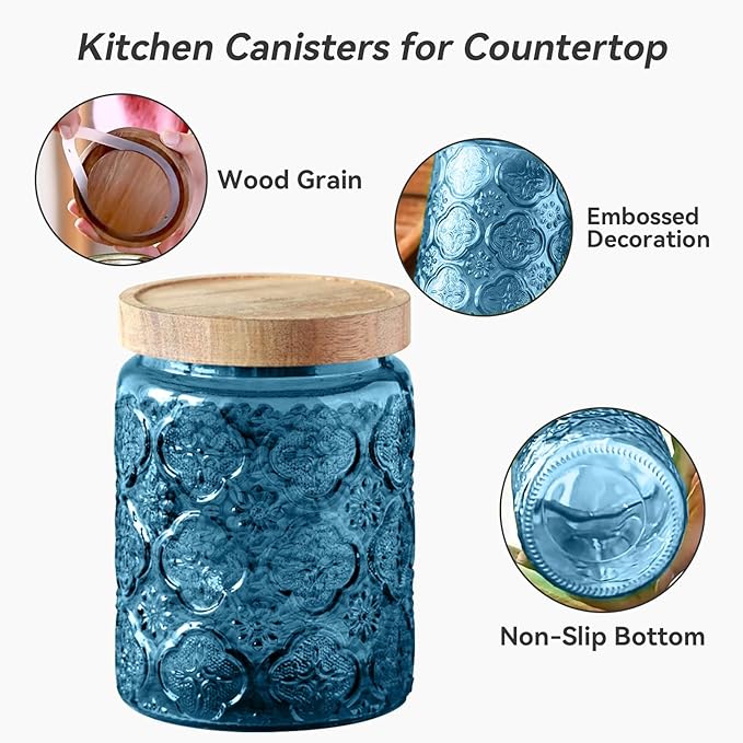 Glass Jar with Lid, Vintage Glass Storage Jars with Airtight Lid Coffee Canister Sugar Container for Kitchen Counter Pantry, Spice, Candy, Coffee Beans, Tea, Cookie (24 FL OZ Blue Begonia)