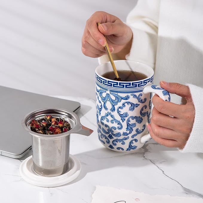 AmorArc Porcelain Tea Mug with Infuser and Lids, 18 Oz Large Cup Strainer with Bag Holder for Loose Leaf Tea, Steeping Coffee Mug for House-Warming Wedding Birthday Gift