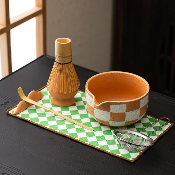 Premium 7-Piece Matcha Tea Set – Traditional Japanese Style with Elegant Grid Pattern, Includes Bamboo Whisk, Ceramic Bowl, Scoop & More