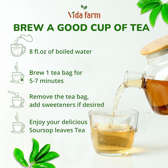 Vida Farm 50 Premium Soursop Tea Bags, 100% Natural Pure Soursop Leaves: Pleasant Taste, Natural Flavor, Caffeine Free, Hojas de Guanabana Para te