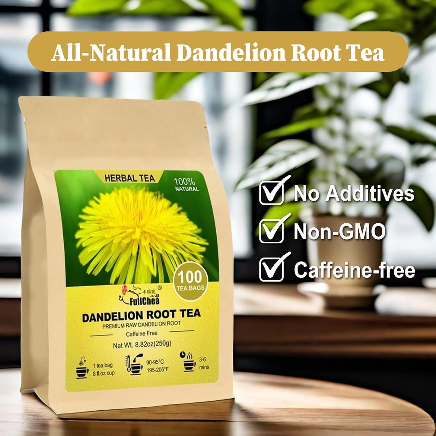 FullChea - Dandelion Root Tea Bags, 100 Count, Raw Dandelion Roots | Non-GMO and caffeine-free, rich in vitamins and supports immune wellness in daily tea routines