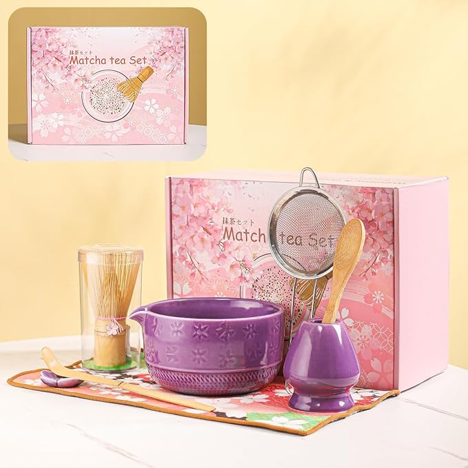 8-Piece Matcha Tea Set with Ceramic Bowls (Flower Pattern), Bamboo Whisk, Scoop, Spoon & Pink Sakura