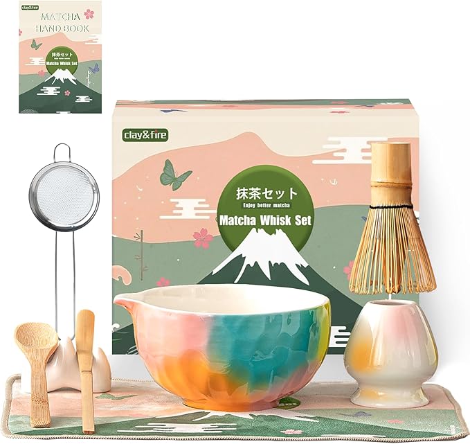 Clay&Fire Matcha Whisk Set，9 Pcs Ceramic Matcha Set, 15 OZ Matcha Bowl with Spout and Whisk，Matcha K