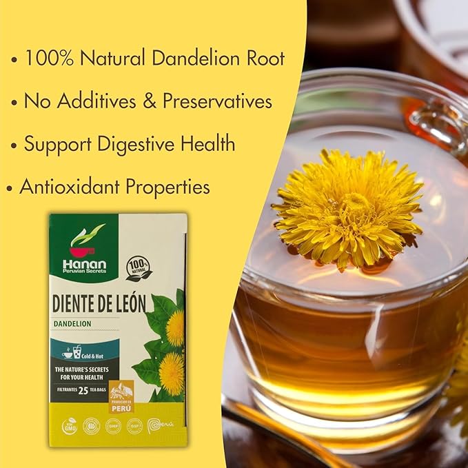 Hanan Dandelion Herbal Tea 50 Teabags (Diente de Leon) - Pack of 2 Box with 25 Tea Bags Each of All-Natural Dandelion Root and Leaf from Peru