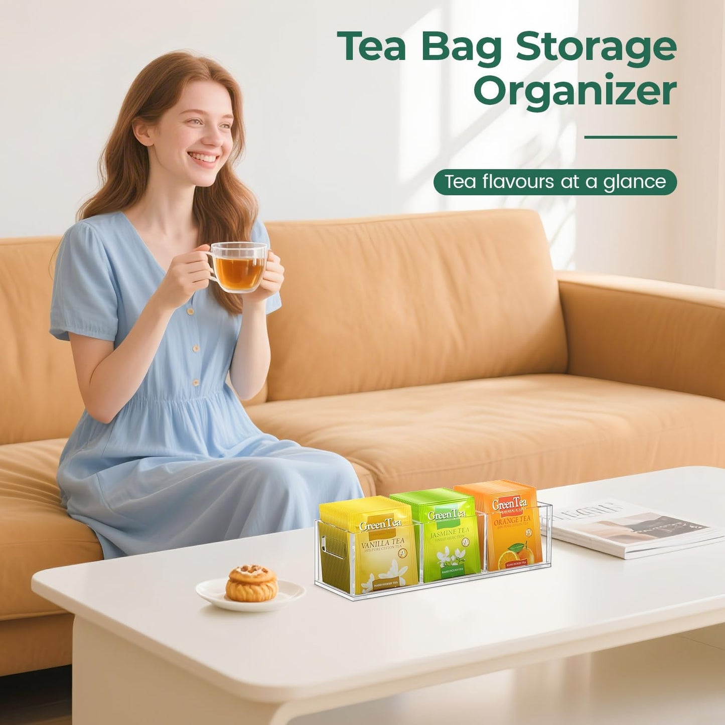 EsLuker.ly Tea Bag Holder Organizer for Counter Small Acrylic Teabag Caddy Storage, 2 Pack Clear Tea Bar Station Accessories with Easy Access for Kitchen Office Countertop Cabinet Drawer