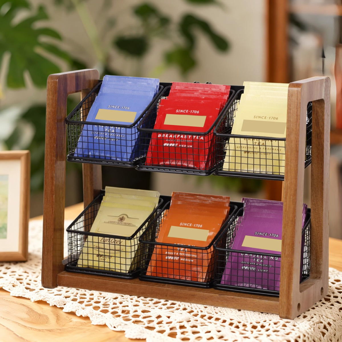 HTB 2 Tier Tea Organizer for Tea Bags with 6 Removable Metal Baskets