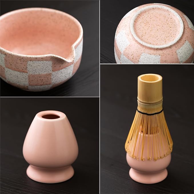 Premium 7-Piece Matcha Tea Set – Traditional Japanese Style with Elegant Grid Pattern, Includes Bamboo Whisk, Ceramic Bowl, Scoop & More