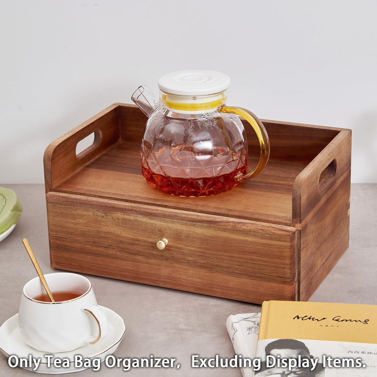 SARUFO Acacia Wood Tea Bag Organizer with Drawer - Tea Station Chest and Storage Box, Coffee and Teabag Holder with 8