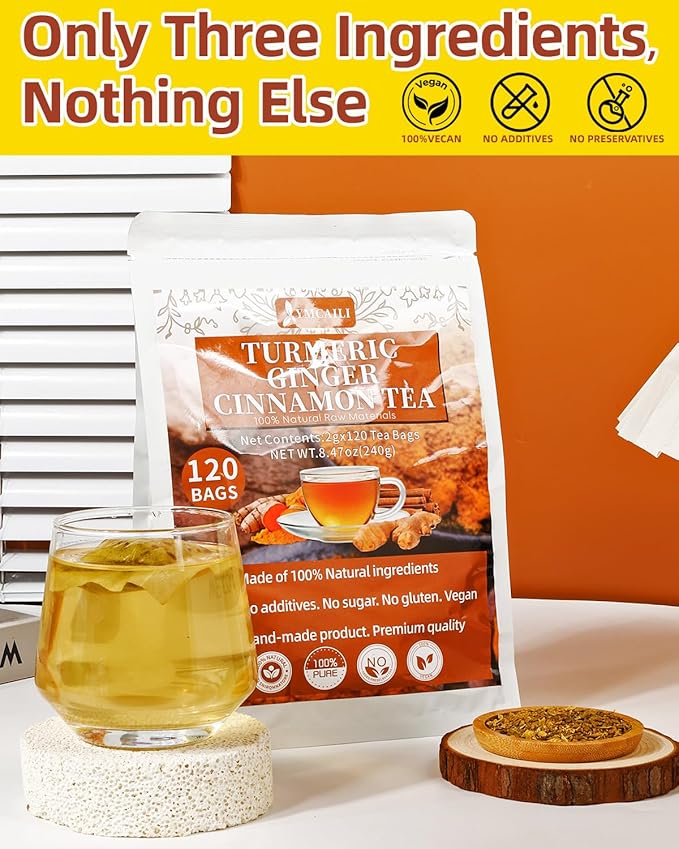 120 Premium Turmeric Ginger Cinnamon Tea Bags, 100% Natural Herbal Blend, Supports Digestion & Immune Health, No Sugar, No Caffeine, No Additives, Vegan, Premium Ingredients