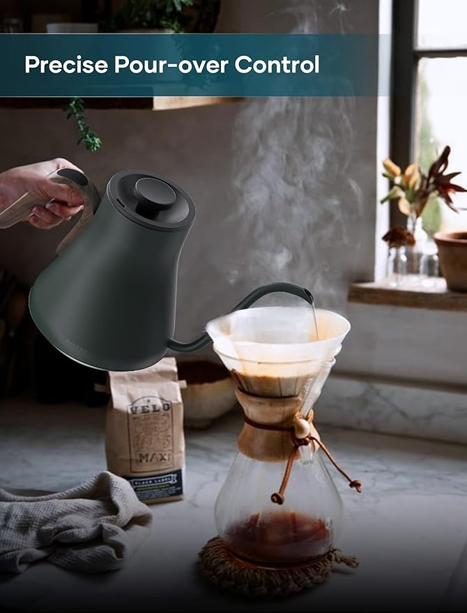 Gooseneck Electric Kettle with ±1℉ Temperature Control for Pour Over Coffee & Tea, Quick Heating, BPA-Free Stainless Steel, Built-in Brew Timer