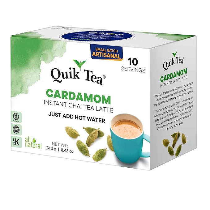 QuikTea Cardamom Instant Chai Tea Latte - 10 Count Single Box - Superfood Antioxidant, Digestion Tea