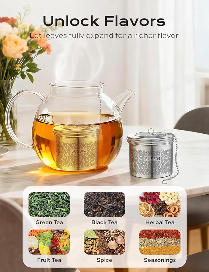 Large Tea Infuser & Strainer, Spice Infuser - Extra Fine Mesh for Loose Leaf Tea, 304 Stainless Steel with Long Chain & Threaded Lid