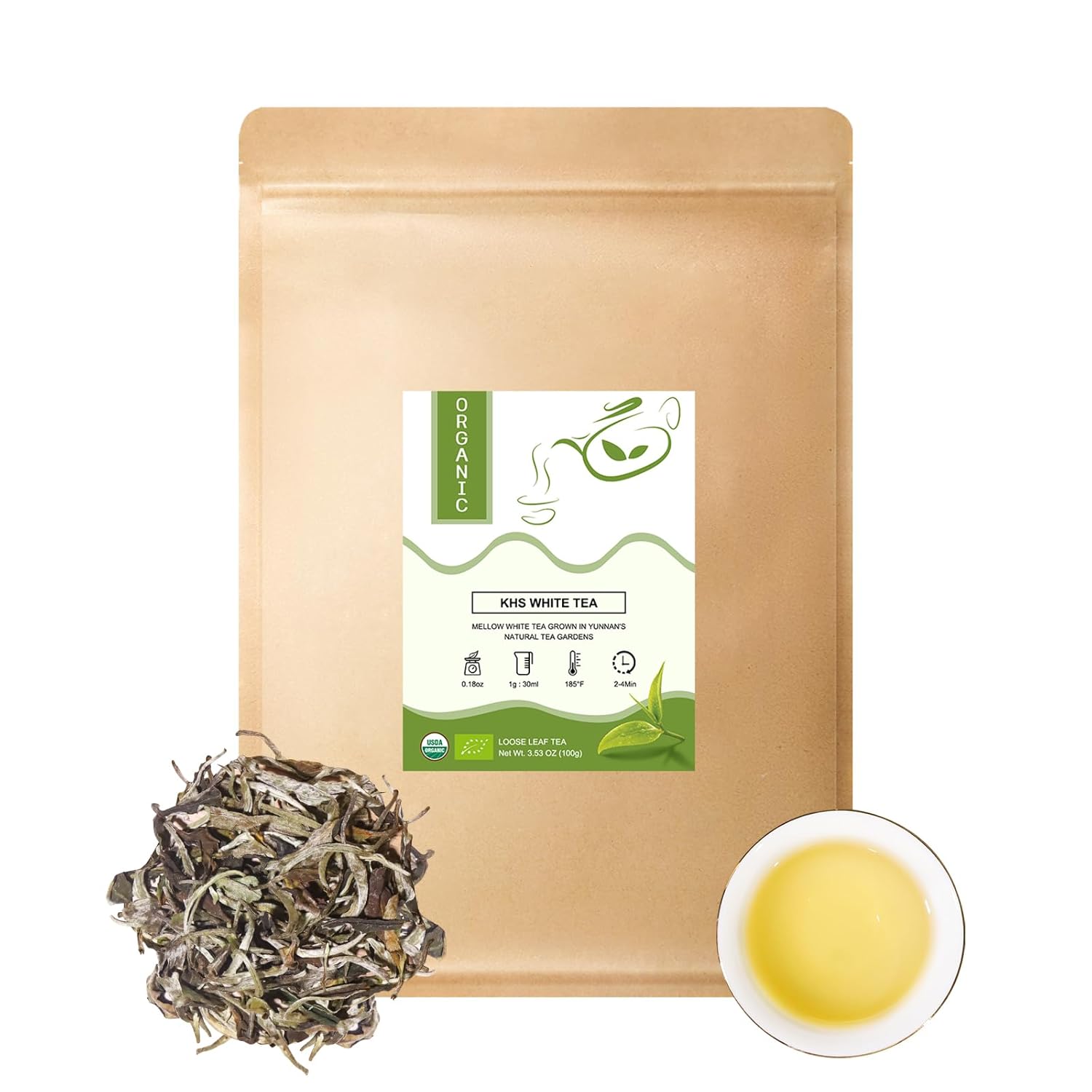 KHS Premium Organic White Tea, 3.53 Oz USDA Certified Grade A White Tea, Aged White Leaves with Fresh And Sweet Flavor, White tea Loose Leaf with Simple and Natural Methods