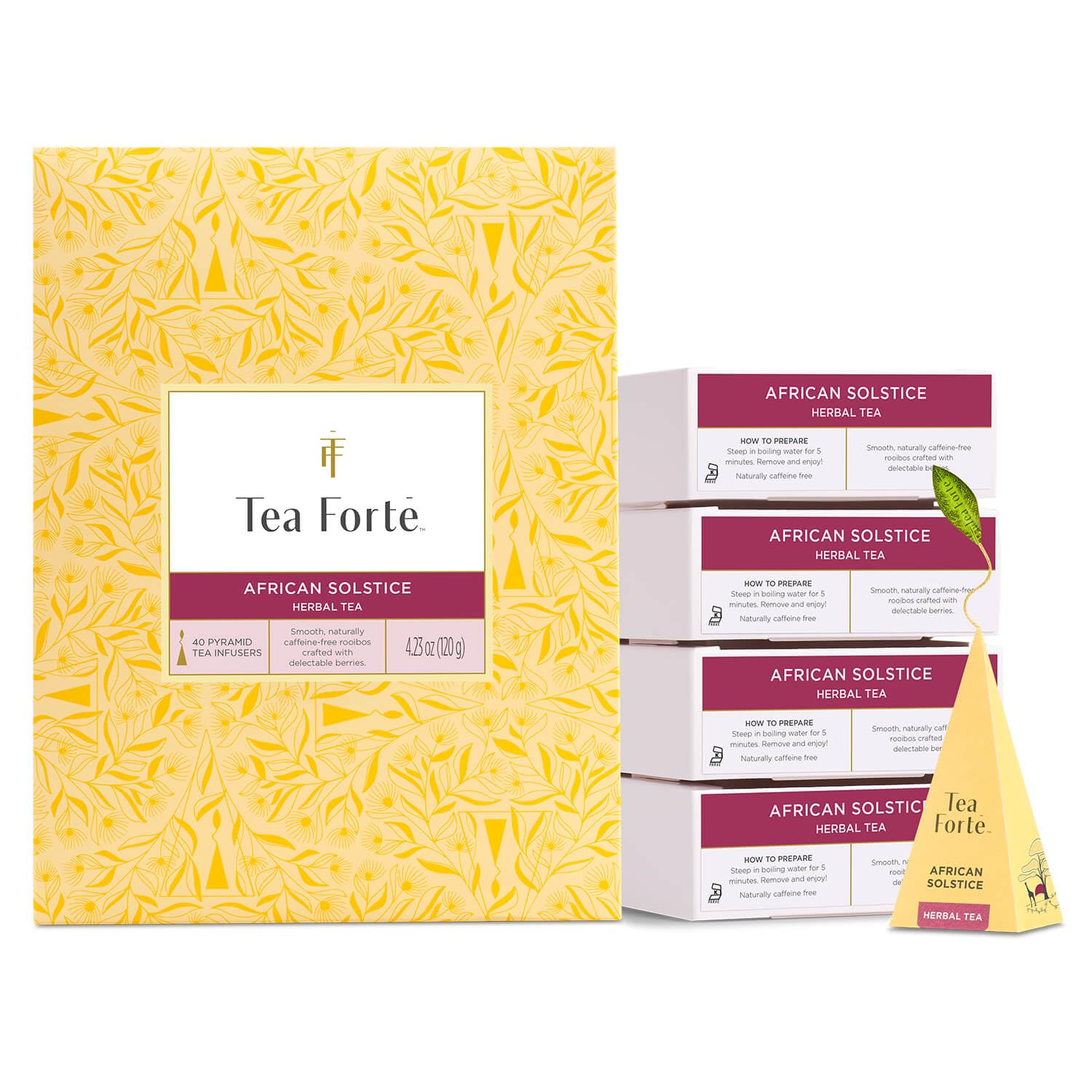 Tea Forte African Solstice Premium Caffeine-Free Herbal Tea Blend Event Box, Bulk Pack 40 Count, 10 per tray Individually Wrapped Handcrafted Pyramid Infusers