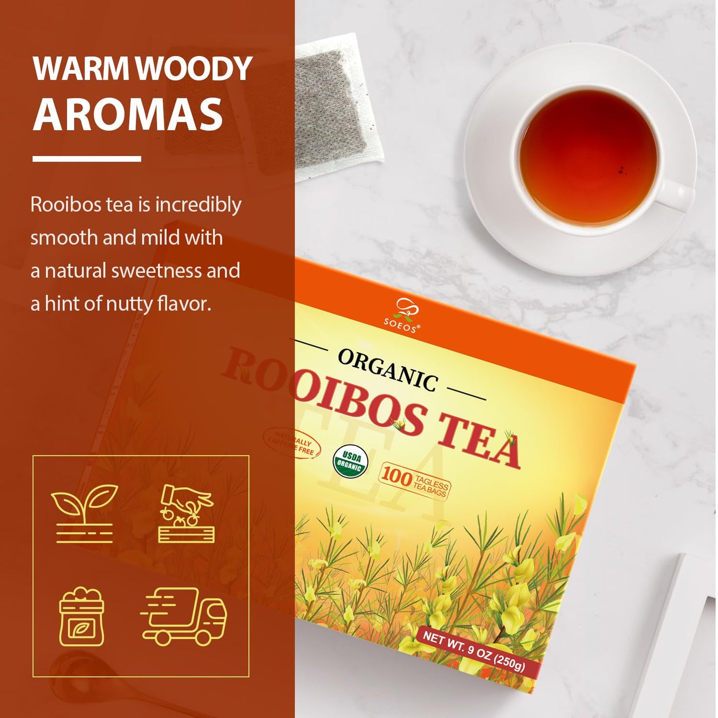 Soeos Organic Rooibos Tea, 200 Teabags (2 Packs), Naturally Caffeine Free, USDA and Non GMO Certify, Smooth and Robust Flavor, Excellent for Hot or Iced Brew, 18oz (500g)