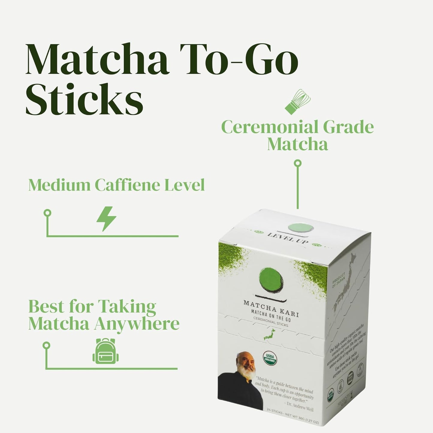 Dr. Weil Matcha Kari Organic Matcha Sticks - Ceremonial Grade - 24 Packets | Single-serve ceremonial grade organic matcha powder sticks, pre-measured for lattes &amp; on-the-go, Japanese, USDA organic