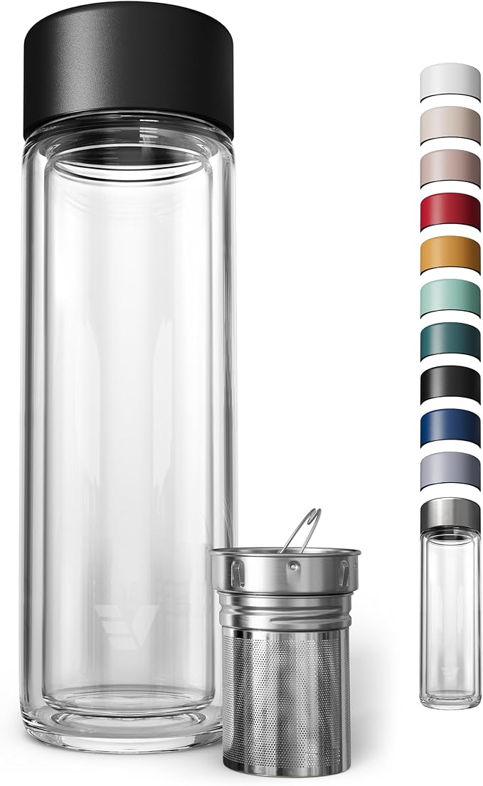 Glass Multi Tea Infuser Bottle 14oz - Double Wall Borosilicate Glass Flask, No Plastic Touches Contents, Perfect for Office or Home - Black