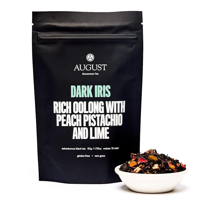 August Uncommon Dark Iris – Pistachio Peach Oolong Holiday Tea – Smooth and Energizing Loose Leaf Blend with Floral and Fruity Notes for Cozy Winter Enjoyment (1.75oz)