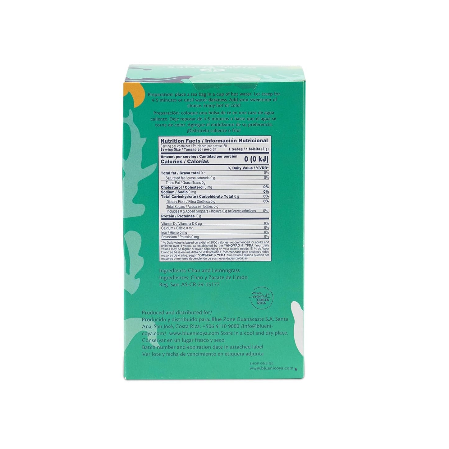 Blue Zones Nicoya Chan &amp; Lemon Grass Herbal Tea Pack of 18 (1.6oz/45g) | 100% Natural, Organic, and Refreshing - High Micronutrients - Gluten, Caffeine, Sugar-Free