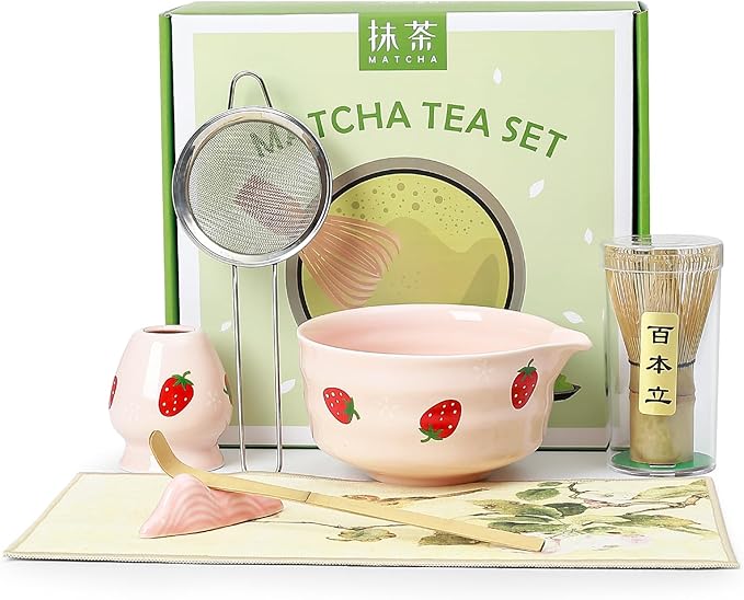 Koythin 7-Piece Ceramic Matcha Whisk Set, Adorable Strawberry Bowls Set with Whisk Holder Scoop Towel, Aesthetic Matcha Bowl Set for Ceremony (Pink)