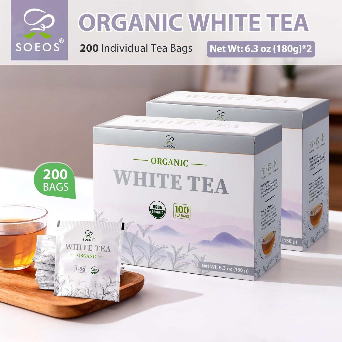 Soeos Organic White Tea, 100 Tea Bags, Pack of 2, Total 200 Teabags, Individually Wrapped Teabags, Low Caffeine, Subtle Floral Aroma &amp; Smooth Taste, Quality Tea for Everyday Brewing, Perfect for Hot or Iced Tea Lovers, 6.3oz (180g) of Each